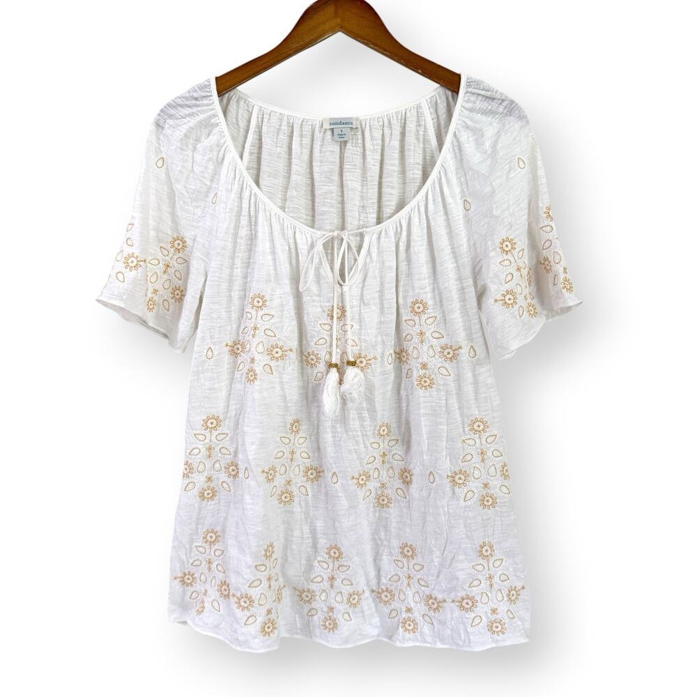 Sundance Lala Ivory Embroidered Blouse Small Tassels Coastal Boho Peasant Top